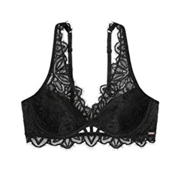 VICTORIA SECRET PINK Black See Through Lace Date Unlined Floral Print Bralette S - Picture 2 of 13